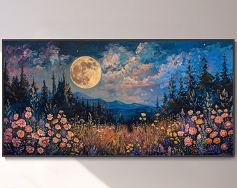 Romantisk natthimmellandskapsmålning vildblomma växttextur väggkonst handmagisk skog duk olja abstrakt månestjärnor målning elegant vägg