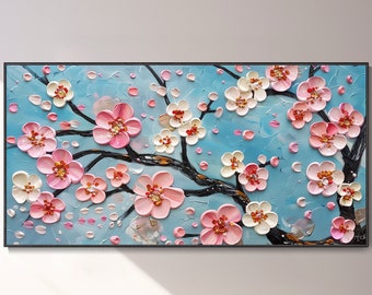3D Pale Pink Cherry Blossom Painting Simple Blue Sky Canvas Oil Art Abstract Treetop Landscape Spring Decor Creamy Texture Wall Art Stylish
