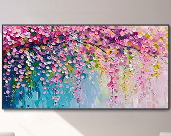 3D Pink Cherry Blossom Canvas Oil Painting Hand Color Flower Landscape Spring Decor Abstract Textured Wall Art Original Cherry Blossom