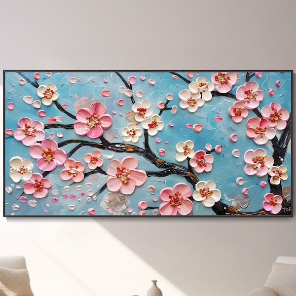 Tableau de cerisiers en fleurs 3D en blanc rose Ciel bleu minimaliste Art abstrait des arbres au printemps Texture crémeuse Décor mural chic