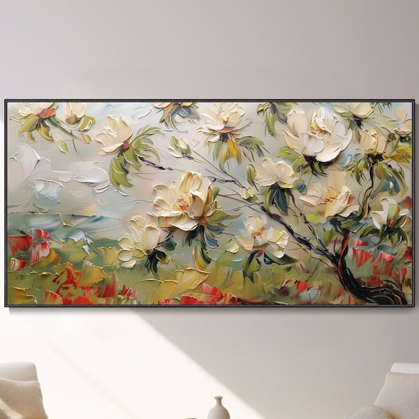 Peinture à l'huile sur toile 3D fleurs d'abricotier blanches paysage mural artistique déco de printemps prairie abstraite verte œuvre