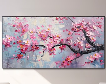Blooming Pink Cherry Blossom Painting 3D Flower Landscape Art Spring Flower Texture Wall Art Abstract Treetop Painting Customized Gift