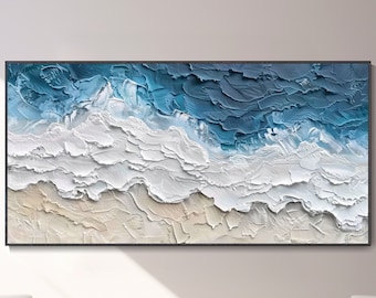 Original Fine Blue Ocean Canvas Oil Painting 3D White Ocean Waves Wall Art Minimalist Seascape Home Decor Abstract Wabi Wabi Texture WallArt