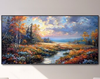 Peinture paysage champêtre montagnard Toile automne forêt faite main Art mural abstrait rivière forêt Ciel rougeoyant texture Oeuvre
