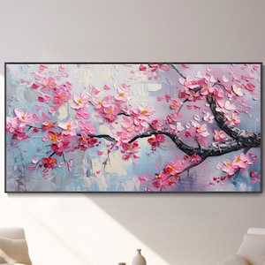 Blooming Pink Cherry Blossom Painting 3D Flower Landscape Art Spring Flower Texture Wall Art Abstract Treetop Painting Customized Gift