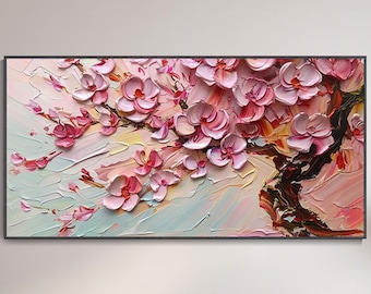 3D Roze Kersenbloesemboom Canvas Olieverf Handgeschilderde Romige Textuur Muurkunst Bloeiende Bloemen Wanddecoratie Lente Decor