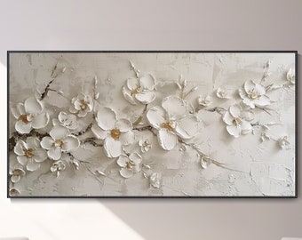 3D Plaster Style Canvas Oil Painting Hand Cream Texture Art Blooming White Cherry Blossoms Canvas Oil Painting Original Minimalist Floral