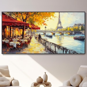 May include: A painting of a Parisian cafe scene with the Eiffel Tower in the background. The cafe is on the banks of the Seine River, with a bridge in the foreground. The painting is done in a painterly style, with loose brushstrokes and vibrant colors.