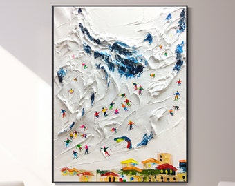 Texture Wall Art Original Ski Sport Painting on Canvas Custom Painting Personalized Gift Skier on Snowy Mountain Art White Snow Skiing Art