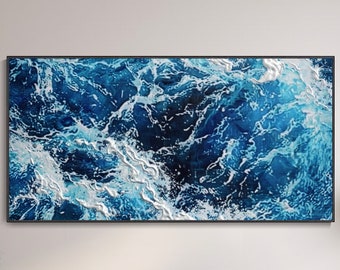 Minimalist Deep Blue Ocean Canvas Art Abstract 3D White Wave Art Creamy Texture Wall Art Stylish Home Decor Large Wabi-Sabi Seascape Oil