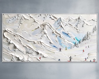 Winter Outdoor Skiing Getaway Party Art White Snow Skiing Sport Wall Art 3D Textured Knife Painting Minimalist Snowy Mountain Landscape