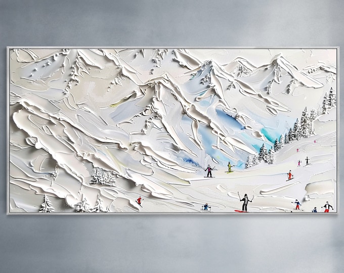 Winter Outdoor Skiing Getaway Party Art White Snow Skiing Sport Wall Art 3D Textured Knife Painting Minimalist Snowy Mountain Landscape