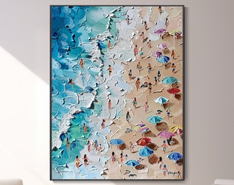 Texture Wall Art Happy Coast Painting Swimming Painting Custom Painting Personalized Gift Summer Art Costal Art Crowds on the Shore Painting