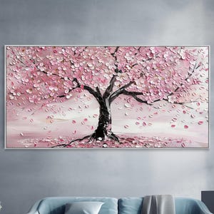 Blossoming Pink Cherry Blossom Tree Texture Wall Art 3D Hand Floral Plant Landscape Painting Spring Life Canvas Oil Romantic Home Decor Gift