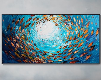 Large Colorful Fish Animal Painting Original Blue Ocean Canvas Oil Art Orange Koi Texture Wall Art Exquisite Home Decor Birthday Gift