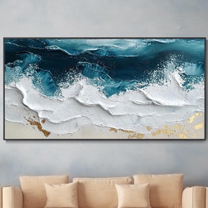 3D Hand Thick Texture Knife Painting Minimalist White Wave Canvas Art Custom Deep Teal Ocean Landscape Oil Painting Natural Gold Foil Beach