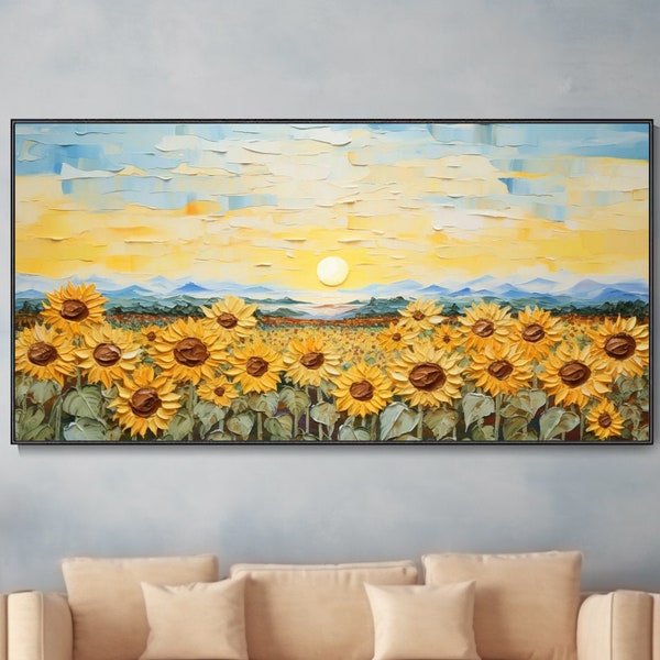 Art des champs de tournesols, Paysage d'impressionnisme au lever du soleil sur toile, Peinture à l'huile avec jaune de tournesols en relief,