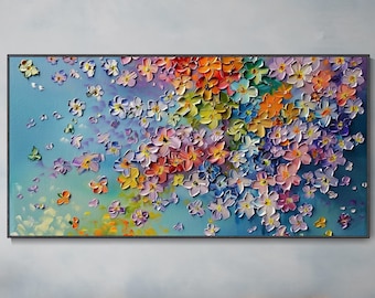 Arte Mural Abstracto 3D con Textura de Flores Originales Enmarcado para Sala de Estar Regalo para Ella