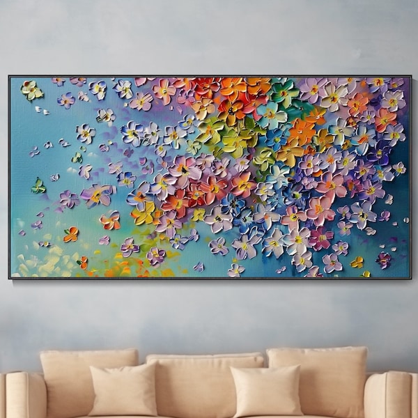 Arte Mural Abstracto 3D con Textura de Flores Originales Enmarcado para Sala de Estar Regalo para Ella