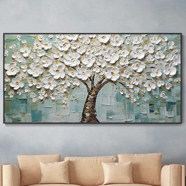 Art 3D de cerisiers en fleurs blancs peinture au couteau sur toile abstraite minimaliste décoration murale texturée pour mariage cadeau pour