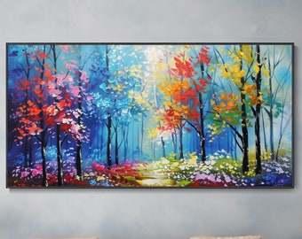 Peinture originale automnale de forêt sur toile Forêt colorée magique en peinture à l'huile Art mural 3D texture d'arbres Décoration maison