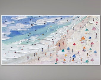Crowds on the Shore Painting Happy Coast Painting Swimming Painting Custom Painting Texture Wall Art Personalized Gift Summer Art Costal Art