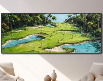 Green Golf Course Hand Canvas Oil Painting 3D Abstract Thick Texture Art Custom Golf Player Gift Green Meadow Forest Landscape Fashion Home