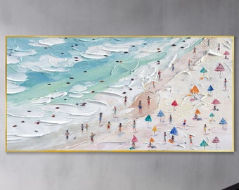 Crowds on the Shore Painting Happy Coast Painting Swimming Painting Custom Painting Texture Wall Art Personalized Gift Summer Art Costal Art