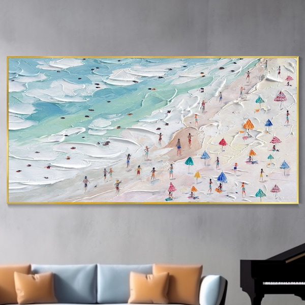 Originalgemälde Strandpromenade Badende Leinwandtextur Wandkunst Personalisiertes Sommergeschenk Texturierte 3D Messertechnik Seelandschaft