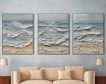 Original White Wave Canvas Oil Painting 3D Plaster Style Hand Knife Art Exquisite Blue Ocean Home Decor Large Wabi-Sabi Wall Art Custom
