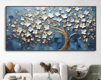 Blooming 3D White Flower Canvas Oil Painting, Cherry Blossom Landscape Wall Art, Modern Thick Painted Hand Knife Painting, Impressionistic