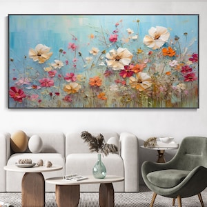 Spring Decor, Large Blue Sky Canvas Oil Painting, Blooming Flowers 3D Texture Guardian Knife Painting, Calm Painting, Wedding Decor Wall Art