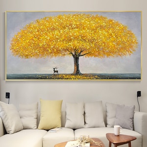 Blooming Tower Tree Oil Painting, Canvas Abstract Yellow/Golden Tree Artwork Boho Wall Decor Home Decor Painting Spiritual Decor Bedroom Art