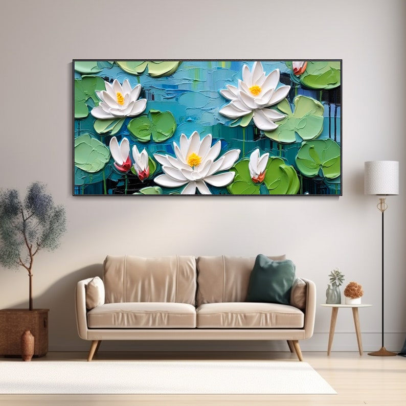Original White Lotus Flower Painting on Canvas 3D Textured Wall Art ...