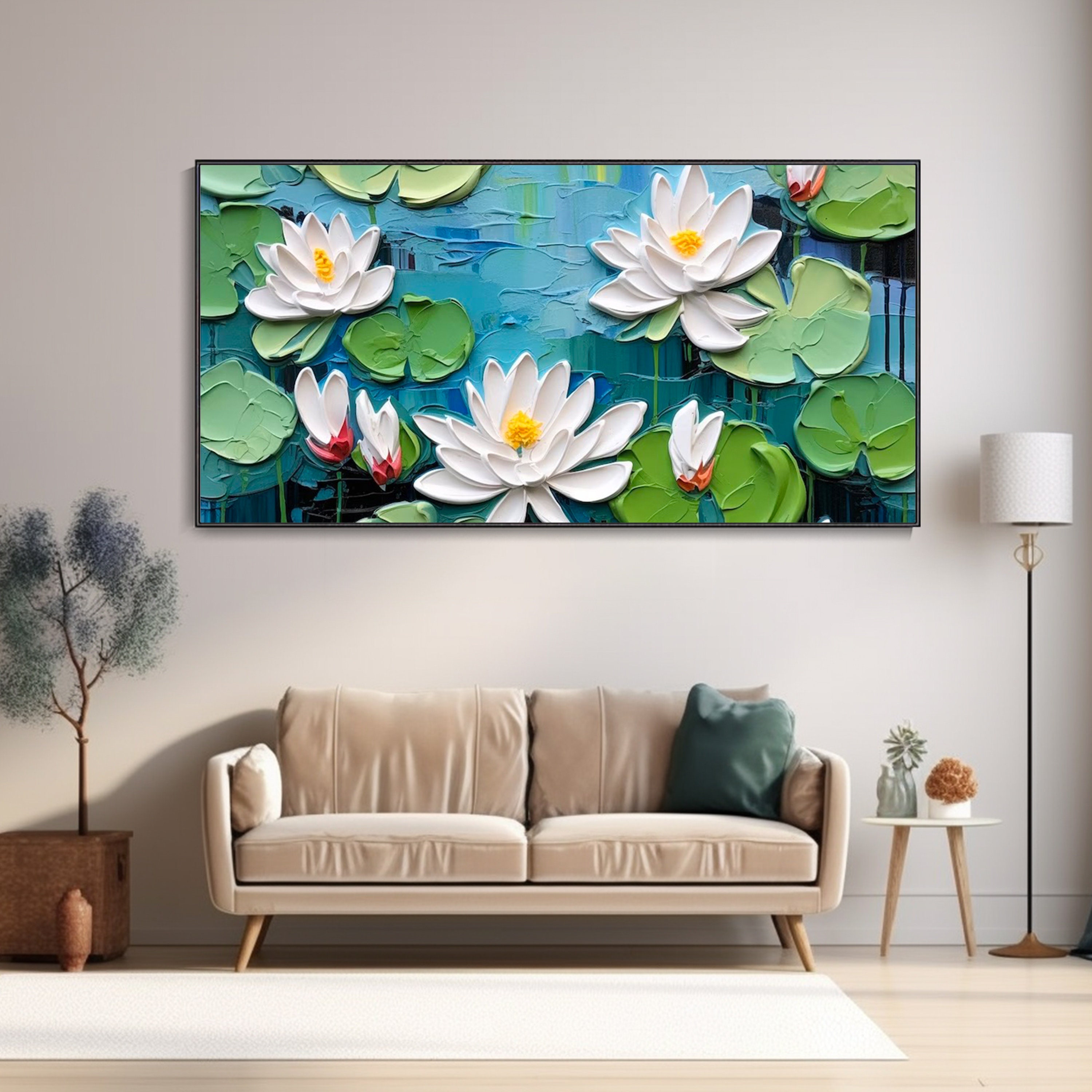 Original White Lotus Flower Painting on Canvas 3D Textured Wall Art ...