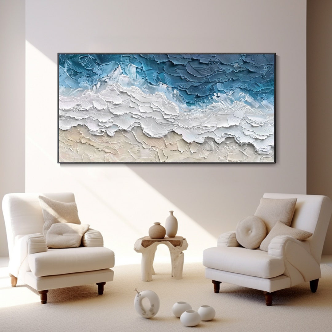 Original Fine Blue Ocean Canvas Oil Painting 3D White Ocean Waves Wall ...