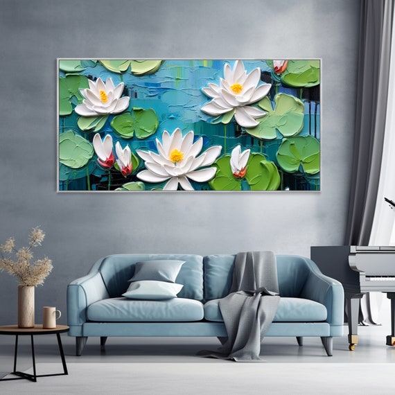 Original White Lotus Flower Painting On Canvas 3D Textured Wall Art Trendy Home Deocor Living Room Wall Art Wabisabi art Calming Painting