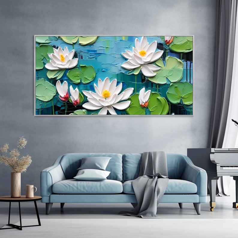 May include: A painting of white water lilies with yellow centers and green leaves on a blue background. The painting is done in a textured style, giving the flowers and leaves a 3D appearance.