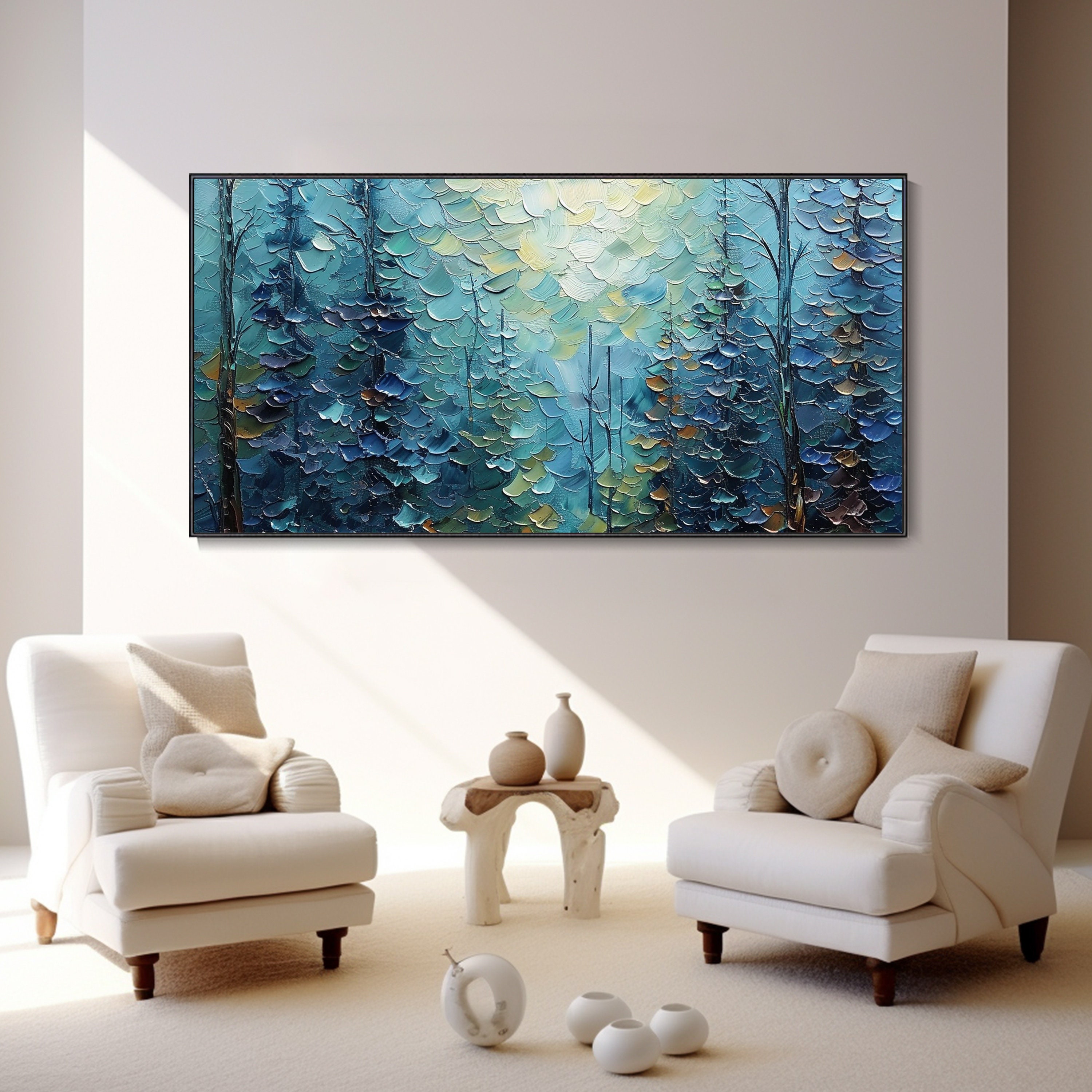 Abstract Serene Forest Landscape Art Natural Blue Plant Handmade ...