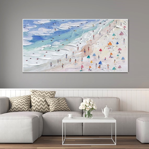 Crowds on the Shore Painting Happy Coast Painting Swimming Painting Custom Painting Texture Wall Art Personalized Gift Summer Art Costal Art