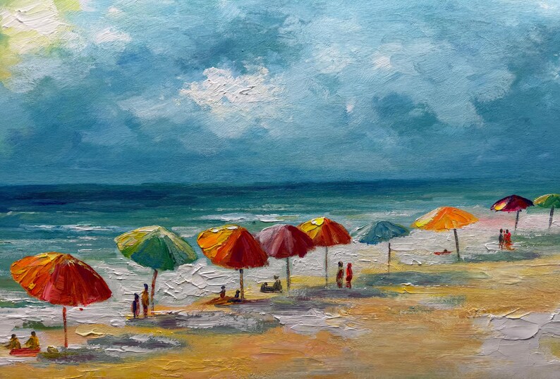 May include: Oil painting depicting a beach scene with vibrant parasols. The sky blends blue and white, with a deep blue ocean. Figures are relaxing on the sandy beach beneath the colourful parasols.