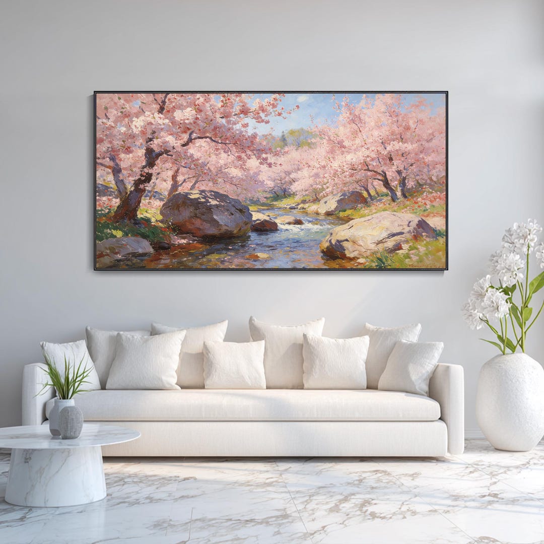 Romantic Pink Cherry Blossom Forest Canvas Oil Painting Hand River ...