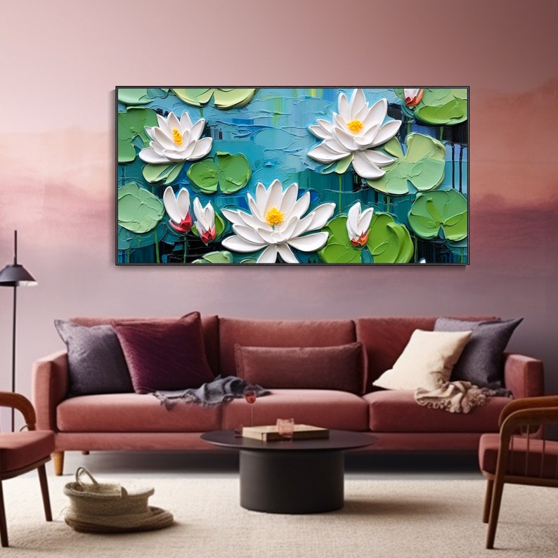 May include: A painting of white water lilies with green leaves and a blue background. The lilies are painted in a realistic style with visible brushstrokes.