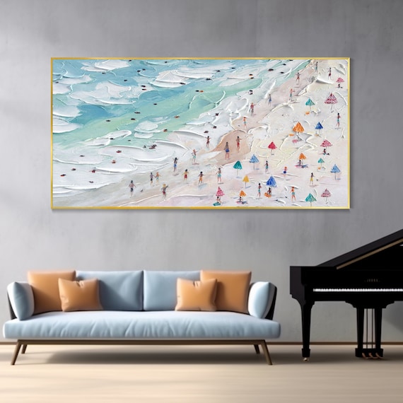 Crowds on the Shore Painting Happy Coast Painting Swimming Painting Custom Painting Texture Wall Art Personalized Gift Summer Art Costal Art
