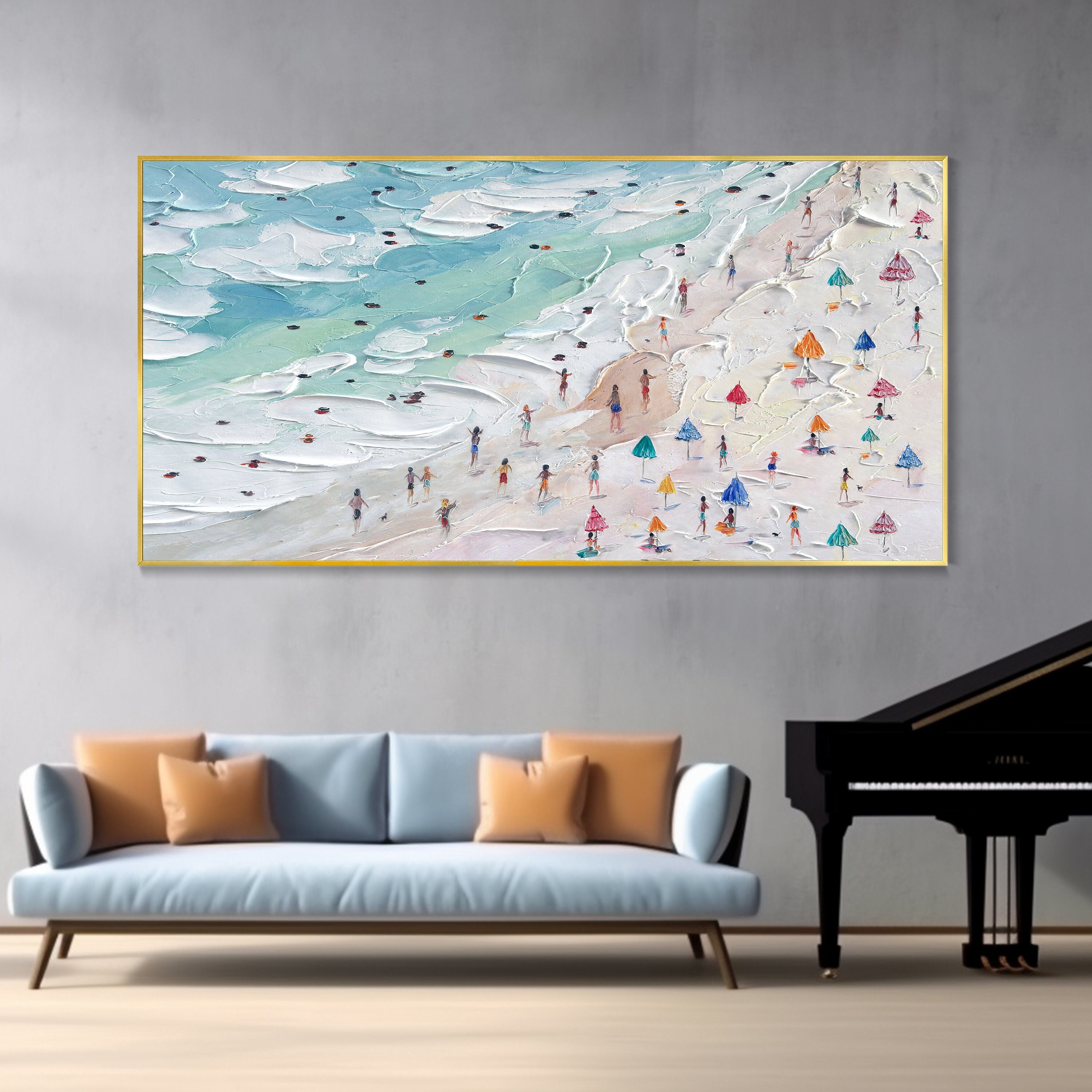 Crowds on the Shore Painting Happy Coast Painting Swimming Painting Custom Painting Texture Wall Art Personalized Gift Summer Art Costal Art
