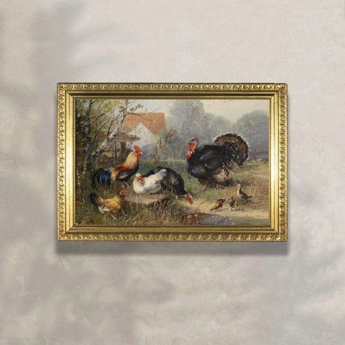 Mid-century Modern Original Antique Oil Painting, Chicken shops On Canvas Antique Gold Frame Painting, Green Meadow Home Fireplace Wall Painting