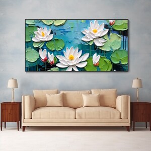 May include: A painting of white water lilies with yellow centers and green leaves on a blue background.