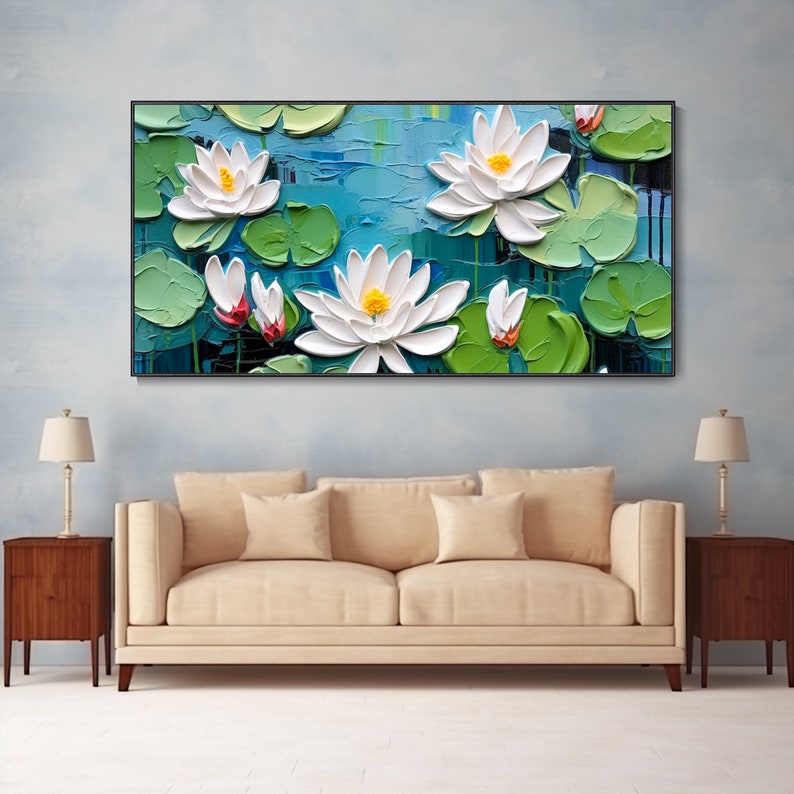 Original White Lotus Flower Painting on Canvas 3D Textured Wall Art ...