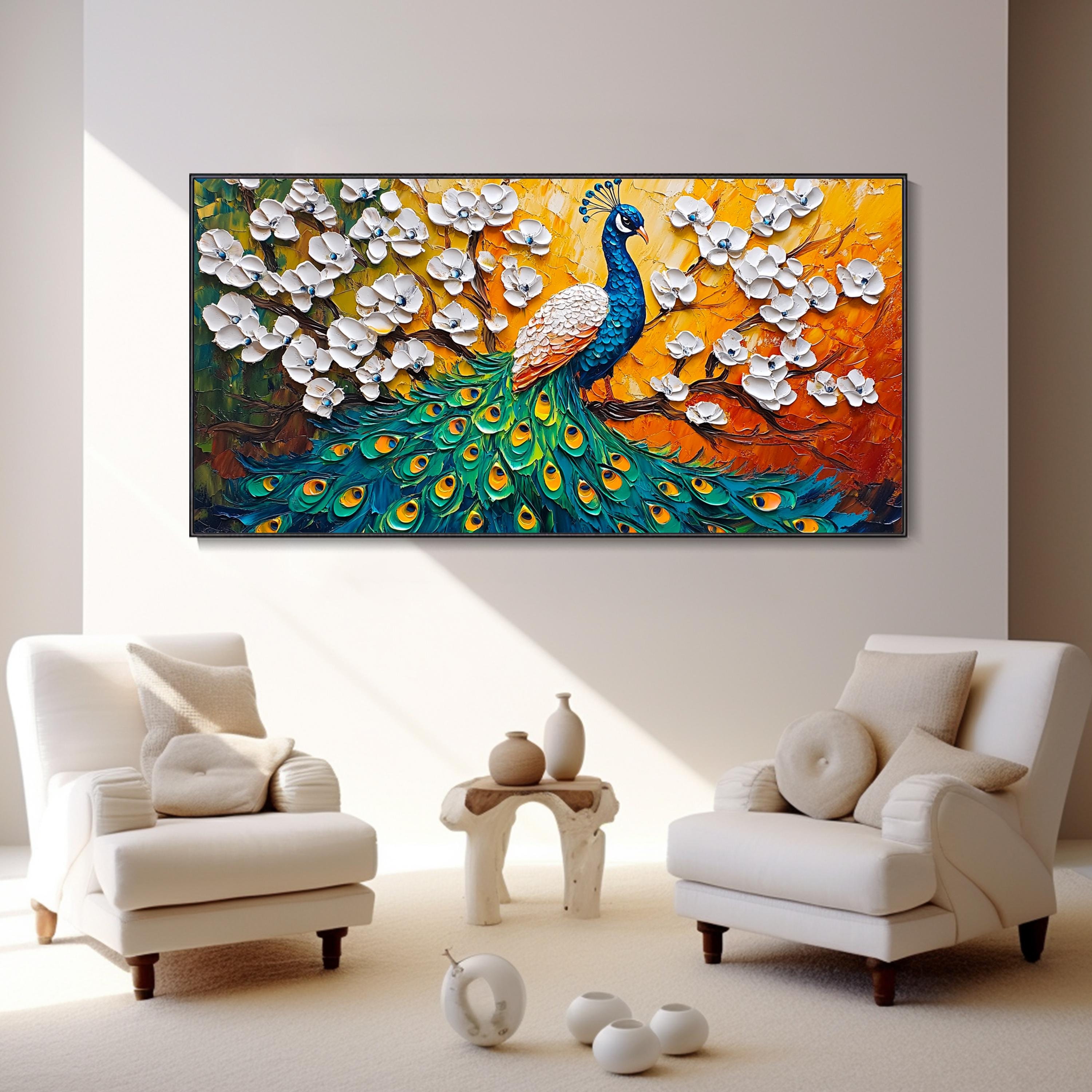 3D Large Colorful Peacock Textured Wall Art Vibrant Animal Painting on Canvas Contemporary Bird Canvas Wall Art Modern Living Room Decor
