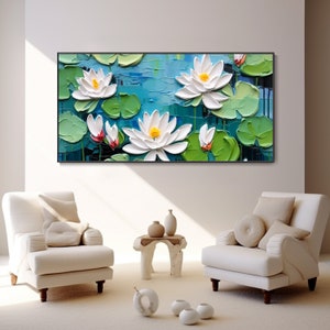 May include: A painting of white water lilies with green leaves on a blue background. The lilies are painted in a realistic style with visible brushstrokes.